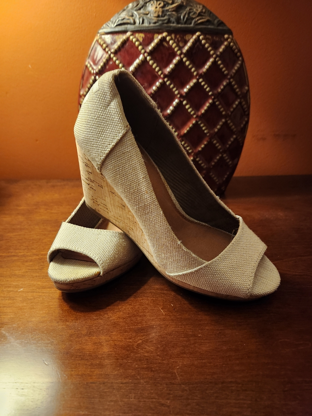 Toms Beige Canvas Open-Toe Wedge Heels